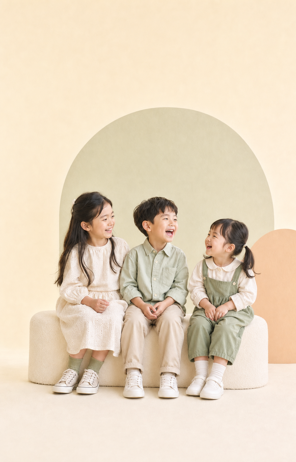 낮은 크림색 벤치에 앉아 서로를 바라보며 웃는 세 명의 아이들