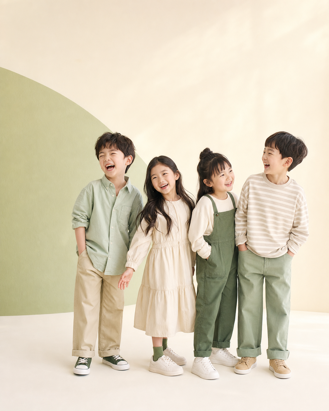 따뜻한 스튜디오 배경에서 함께 웃는 네 명의 아이들